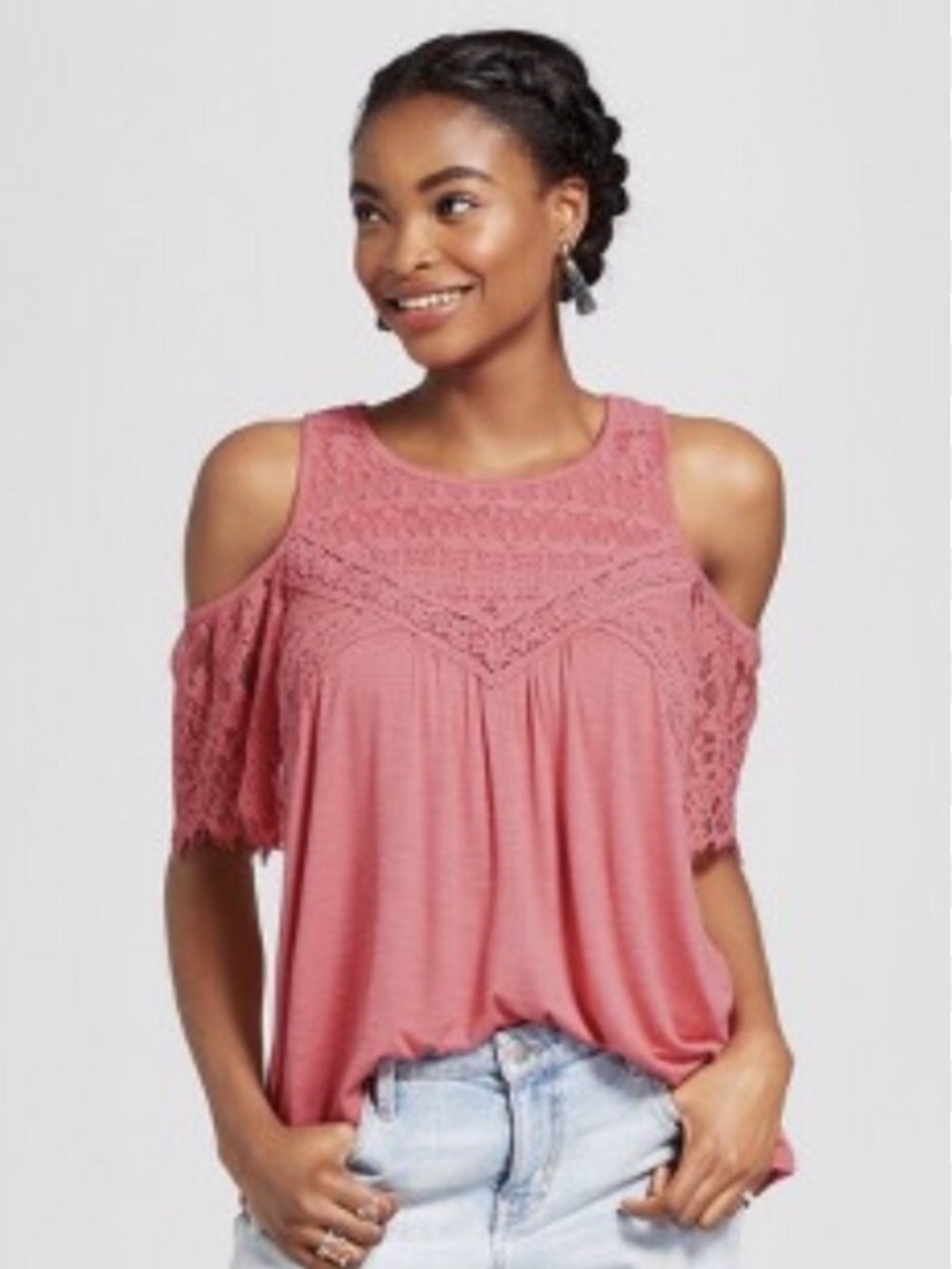 Isela coral pink intricate bohemian short sleeve crochet lace neck cold-should